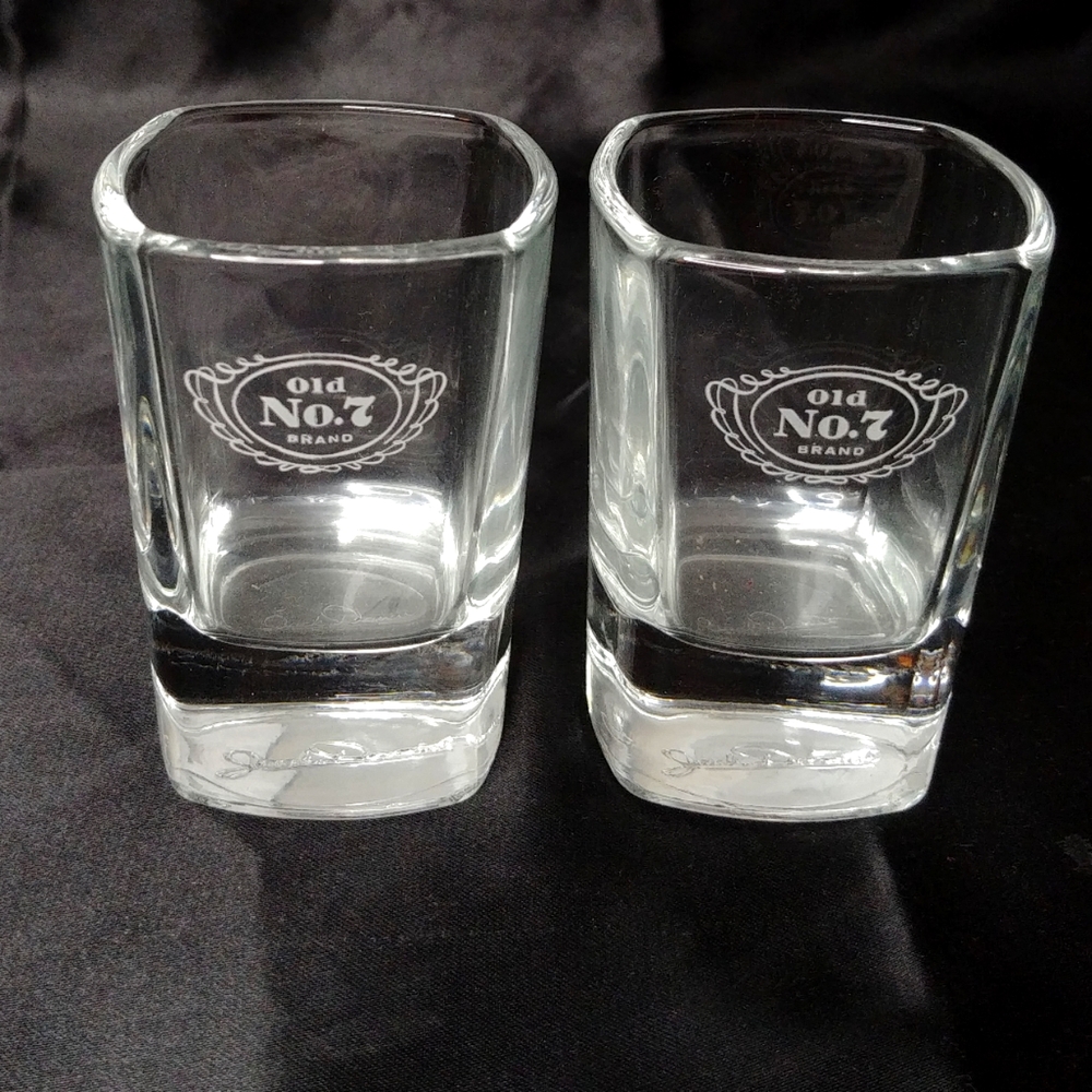 Pair of Jack Daniels Signature Old No. 7 Etched  & Embossed Square Shot Glasses